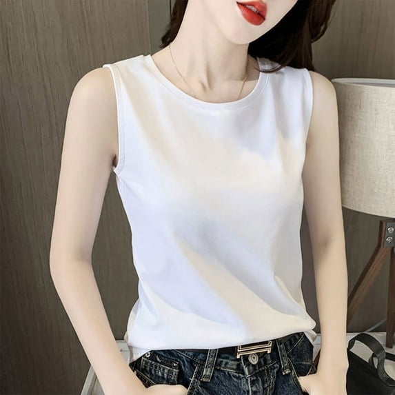 HOMBOM Summer Tops for Women Trendy White Chemise Solid Color Sleeveless Crew Neck Basic Shirts