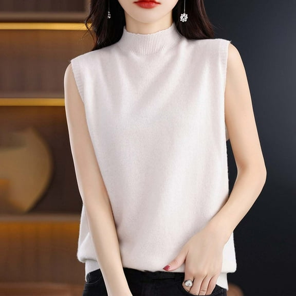 HOMBOM Summer Tops for Women Trendy White Cutout Crew Neck Solid Color Sleeveless Knitted Vest