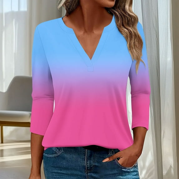 HOMBOM Summer Tops for Women V-Neck Hot Pink 3/4 Sleeve 2025 Casual Gradient Color T-Shirts