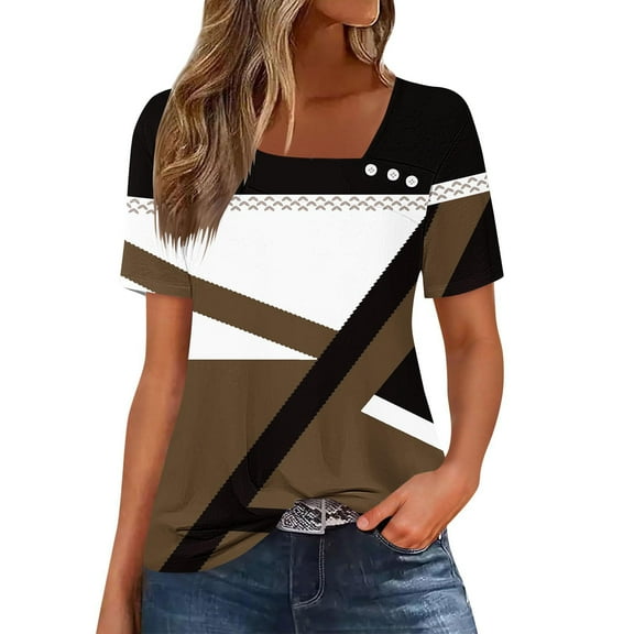 HOMBOM Summer Women Tops Brown Square Neck Short Sleeve Loose Asymmetrical Collar Color Block Blouse S