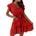 thumbnail image 1 of HOMBOM Sundress Dresses for Women 2025 Tropical Red Bandage Mini Layered Look V-Neck Ruffled Tiered Hem Flutter Solid Dresses, 1 of 6