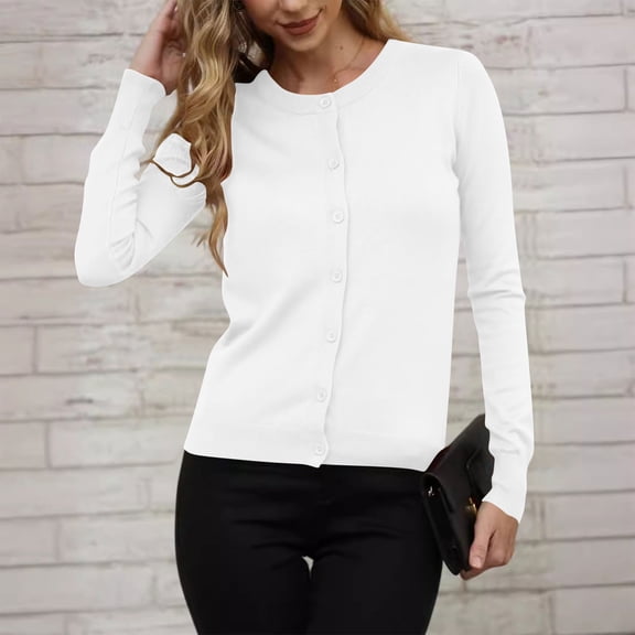 HOMBOM Sweaters for Women Plain Open Front Button down Long Sleeve Cozy White Cardigan Womens Cardigans Crew Neck
