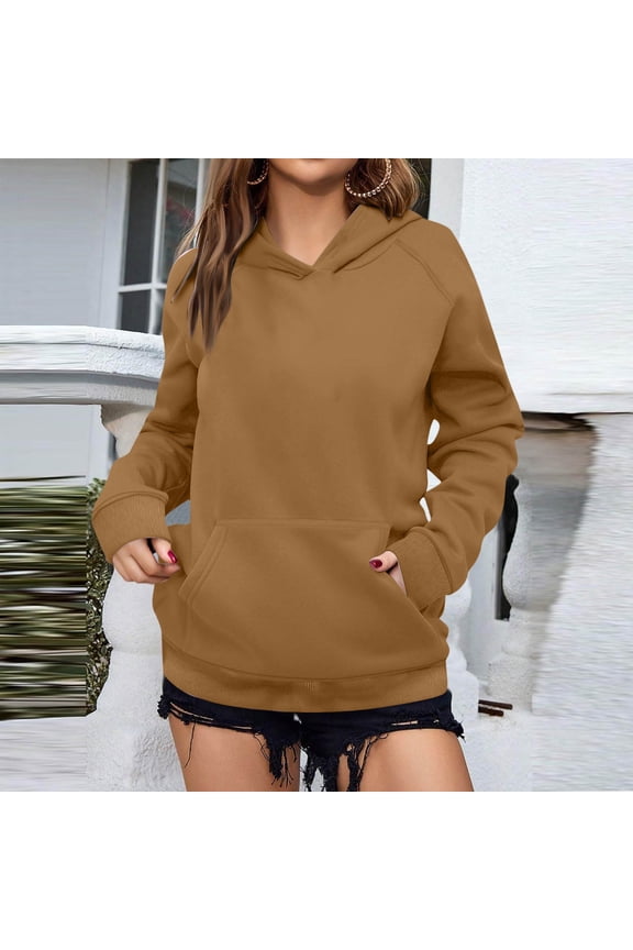 Sweatshirt for Women with Pocket Heavyweight Pullover Plain Casual Hooded Brown Long Sleeve Womens Tops