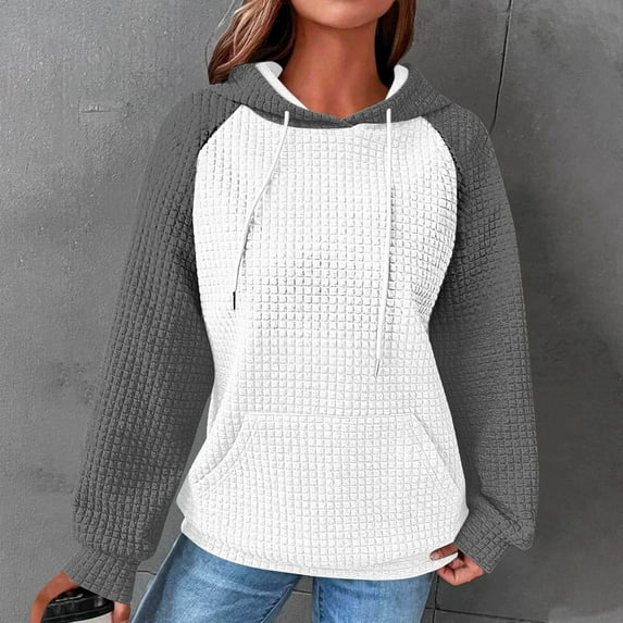 HOMBOM Sweatshirt for Women with Pocket Heavyweight Waffle Pullover Fall Gray Colorblock Womens Tops Long Sleeve
