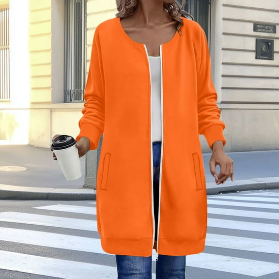 HOMBOM Sweatshirt for Women with Pocket Mid-Length Orange Zip-Up Crew Neck Long Sleeve Solf Plain Hoodless Womens Jackets