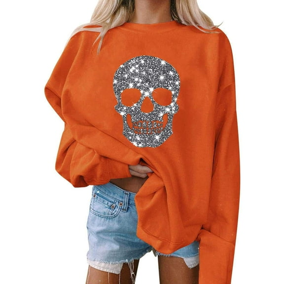 HOMBOM Sweatshirt for Womens Crewneck Orange Long Sleeve Skeleton Drop Shoulder Cute Pullover Ladies Tops Relaxed Fit