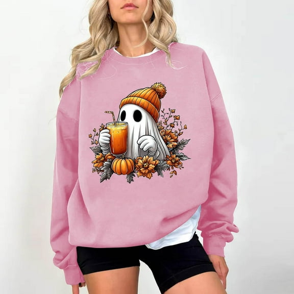 HOMBOM Sweatshirt for Womens Pullover Crewneck Pink Drop Shoulder Spooky Season Long Sleeve Ladies Tops Soft