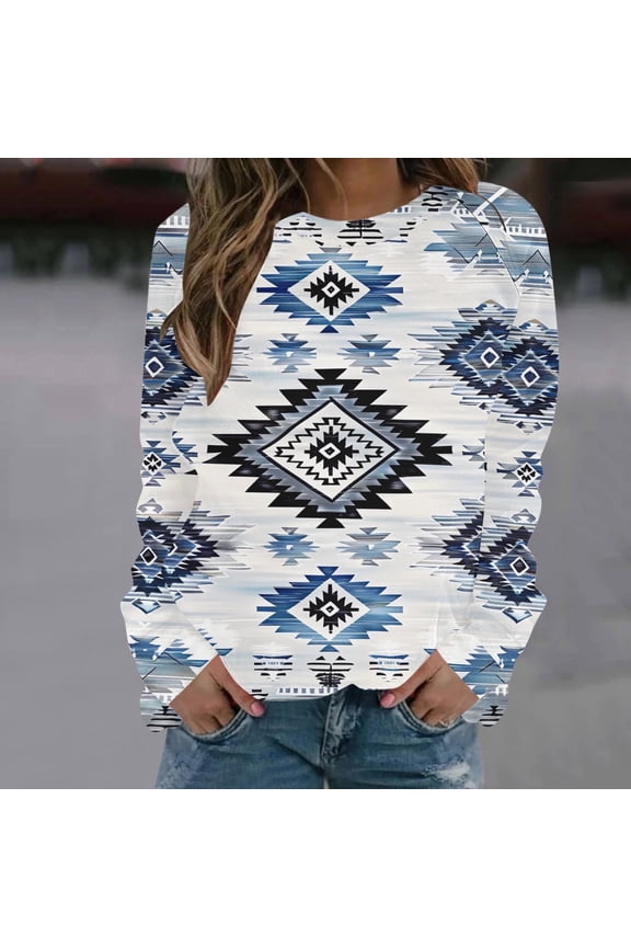 Sweatshirts Women Ethnic Retro Style Crew Neck Lightweight White Soft Casual Long Sleeve Pullover Sweatshirt S