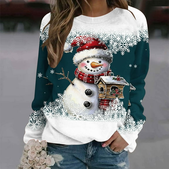 HOMBOM Sweatshirts for Women Funny Merry Christmas Crewneck Fleece Snowman Xmas Army Green Ladies Sweatshirt Cozy