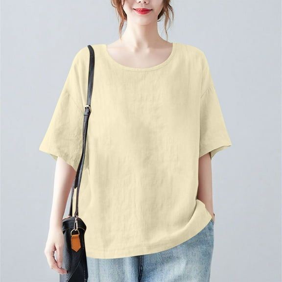 HOMBOM T Shirts for Women Beige Summer 3/4 Sleeve Crew Neck Cotton Linen 2025 Solid Color Tunnic Blouse