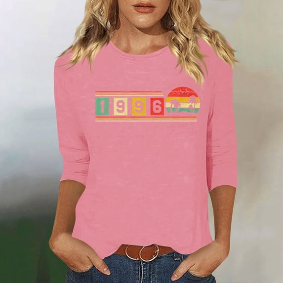 HOMBOM T-Shirts for Women Summer Graphic Tees 3/4 Sleeve Retro 1996 Print Graphic Crew Neck Pink Womens Tops