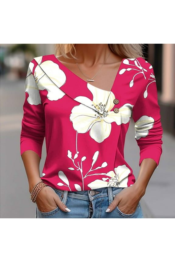 T-Shirts for Women Turn down Collar Classic Fit Trendy Floral Long Sleeve Hot Pink Tops Ladies