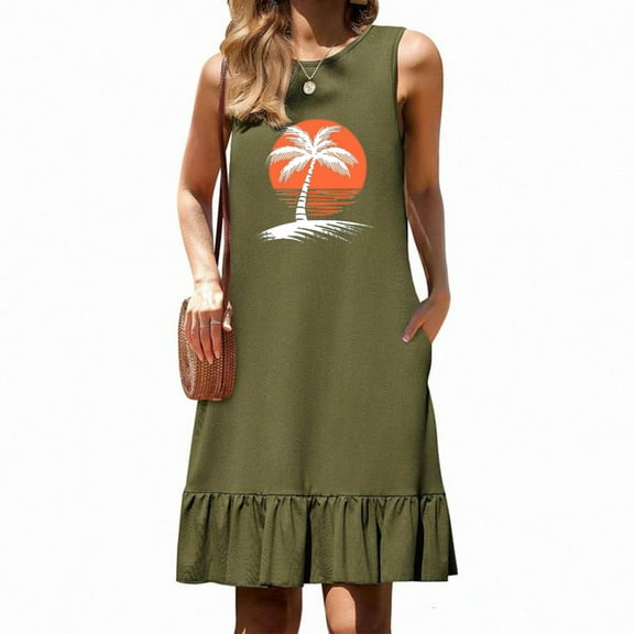HOMBOM Tank Dresses for Women Midi Sundress Army Green Tropical Palm Tree Crew Neck Vacation Tiered Hem Dresses with Pockets