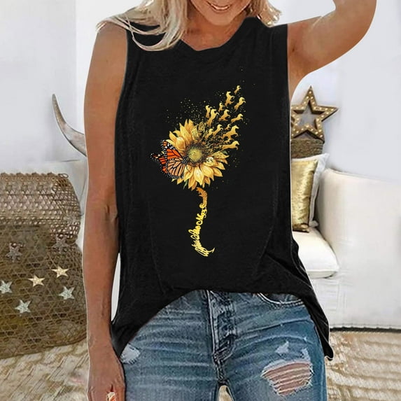 HOMBOM Tank Tops Black Crew Neck Sleeveless Tunic Blouse Tops Sunflower Print Trendy Tops for Women Clearance M