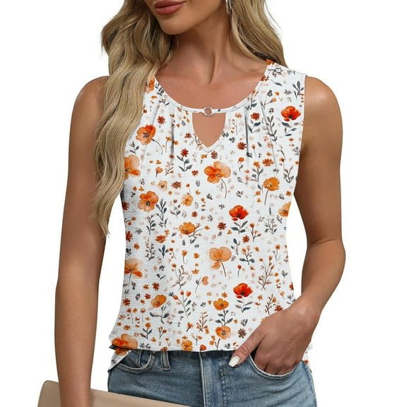 HOMBOM Tank Tops for Women 2025 Cutout Orange Pleated Floral Casual Notch Neck Sleeveless Blouse