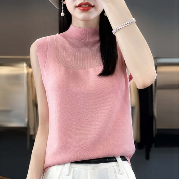 HOMBOM Tank Tops for Women 2025 Cutout Pink Crew Neck Solid Color Sleeveless Knitted Vest