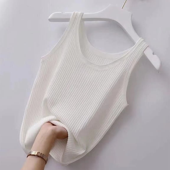 HOMBOM Tank Tops for Women 2025 White Ribbed Camisole Crew Neck Dressy Slim Solid Color Sleeveless Shirt