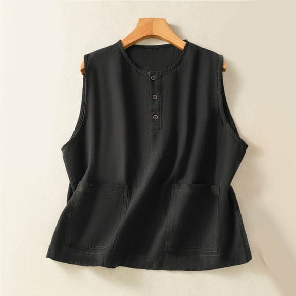 HOMBOM Tank Tops for Women Black Sleeveless Crew Neck Solid Color Cotton Linen Vest