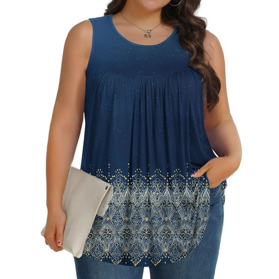 HOMBOM Tank Tops for Women Plus Size Navy Floral Vintage Sleeveless Crew Neck Dressy Pleated Blouse