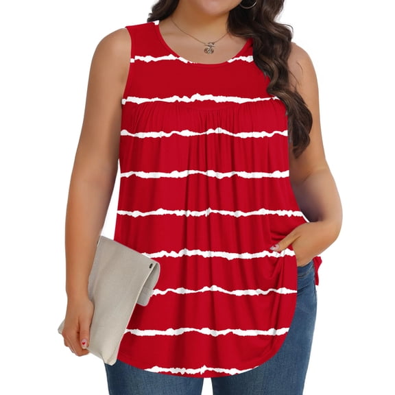 HOMBOM Tank Tops for Women Plus Size Red Summer Striped Sleeveless Crew Neck Tunic Blouse