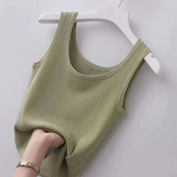 HOMBOM Tank Tops for Women Ribbed Green Camisole Sleeveless Dressy Slim Solid Color Crew Neck Shirt