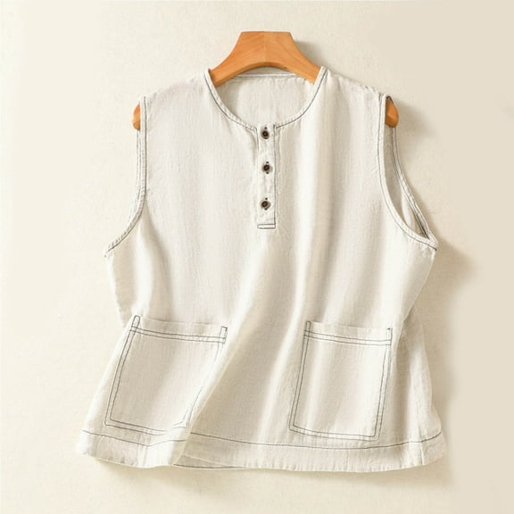 HOMBOM Tank Tops for Women Trendy Beige Crew Neck Sleeveless Solid Color Cotton Linen Vest