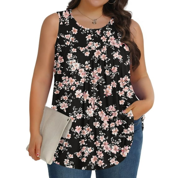 HOMBOM Tank Tops for Women Trendy Plus Size Black Pleated Sleeveless Crew Neck Floral Flowy Tunic Blouse