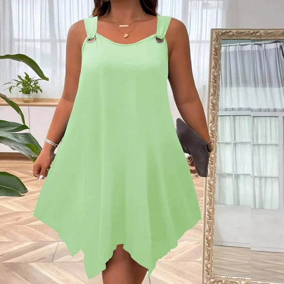 HOMBOM Tent Dresses for Women 2025 Green Midi Plus Size Casual Solid Asymmetrical Hem Summer Crew Neck Dresses