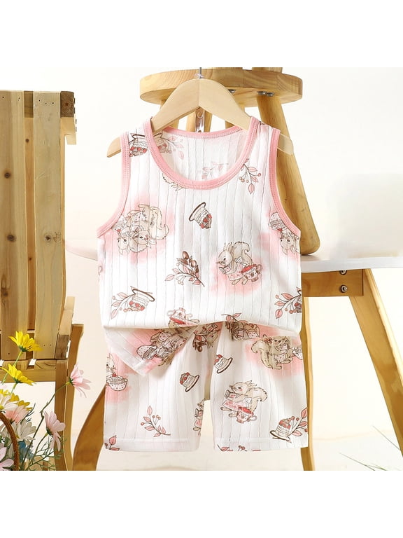 Toddler Girls Summer Outfits Casual Cartoon Printed Cotton Tank Top and Shorts 2 Piece Loungewear Set Age 6M-7Y,Pink,4 Years