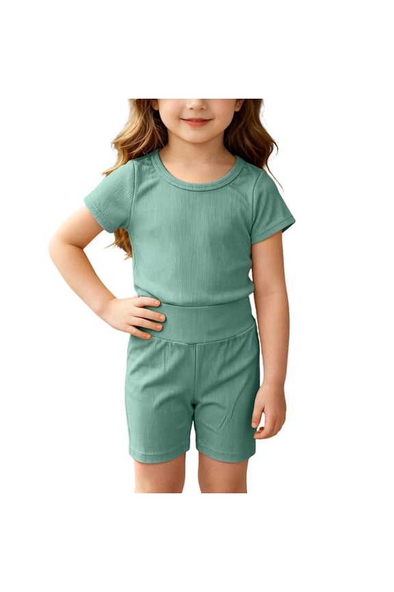 Toddler Girls Summer Outfits Casual Solid Color Ribbed Short Sleeve T Shirts and Shorts 2 Piece Loungewear Set Age 6M-7Y,Green,4 Years