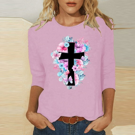 HOMBOM Tops For Women Pink 3/4 Sleeve Shirts Crew Neck Easter Cross Print Cute Easter Tops For Women XL