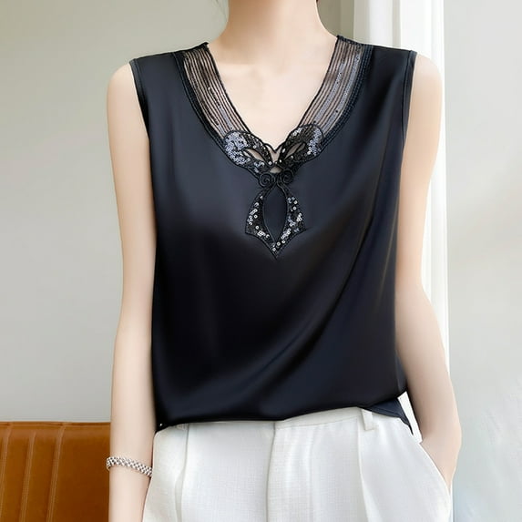 HOMBOM Tops for Women 2025 Black Cutout Sleeveless V-Neck Solid Color Ice Silk Lace Patchwork Blouse
