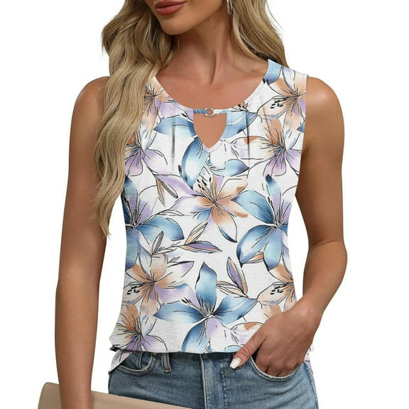 HOMBOM Tops for Women 2025 Pleated Light Blue Cutout Notch Neck Loose Fit Floral Sleeveless Tank Graphic Tee