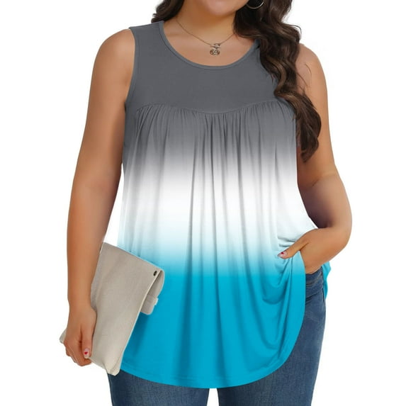 HOMBOM Tops for Women 2025 Plus Size Light Blue Tank Top Color Blocking Sleeveless Crew Neck Tunic Blouse
