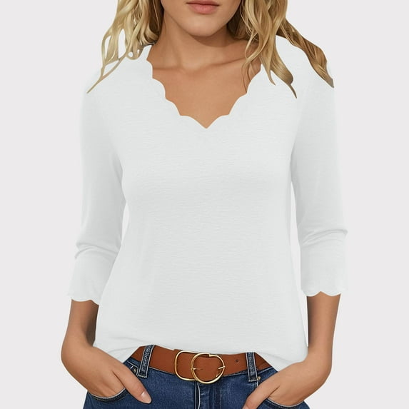 HOMBOM Tops for Women 3/4 Sleeve Summer White V-Neck Solid Color 2025 Petal-Shaped Collar T-Shirts