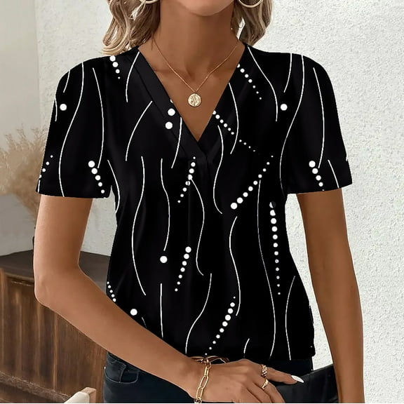 HOMBOM Tops for Women Black Tunic Summer Short Sleeve Loose V Neck Polka Dot Blouse 2XL
