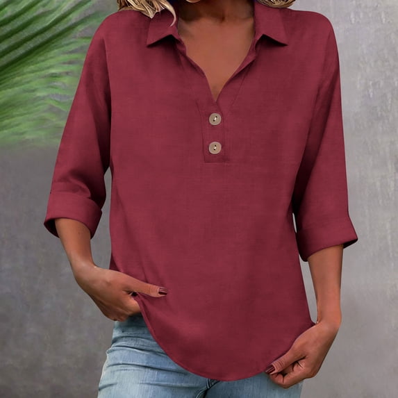 HOMBOM Tops for Women Button down Cotton Linen Lapel Summer Solid Wine V Neck Loose Fit 3/4 Sleeve Ladies T Shirts