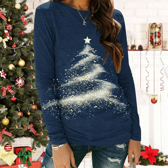 HOMBOM Tops for Women Christmas Long Sleeve Holiday Blue Graphic Xmas Snowflakes Crewneck Females Tee Shirts
