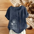 thumbnail image 1 of HOMBOM Tops for Women Cotton Linen Button Spring Short Sleeve Crewneck Casual Navy Floral Ladies T Shirts, 1 of 5