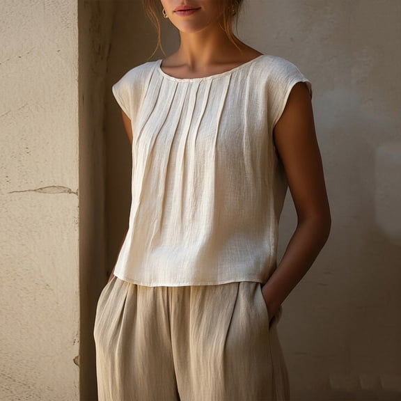 HOMBOM Tops for Women Cotton Linen Pleated Spring Solid Short Sleeve White Loose Fit Ladies Blouse Crewneck