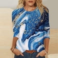 thumbnail image 1 of HOMBOM Tops for Women Cute Crew Neck 3/4 Sleeve Blue Casual Loose Pattern Marble T-Shirts, 1 of 5