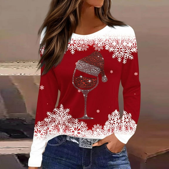 HOMBOM Tops for Women Cute Dressy Casual Christmas Red Long Sleeve Reindeer Xmas Womens Blouse