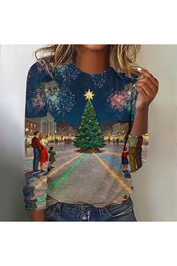 Tops for Women Fall Comfy Long Sleeve Christmas Tree Red Christmas Ladies Tee Shirts Crewneck