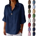 thumbnail image 1 of HOMBOM Tops for Women Lapel Cotton Linen Dark Blue Spring Dressy Casual 3/4 Sleeve V Neck Ladies T Shirts, 1 of 6