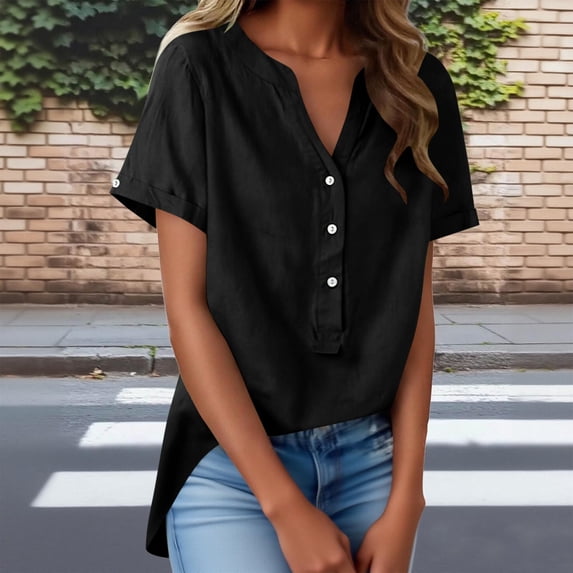 HOMBOM Tops for Women Lapel Summer V Neck Black Solid Dressy Casual Short Sleeve Womens Blouse Button down