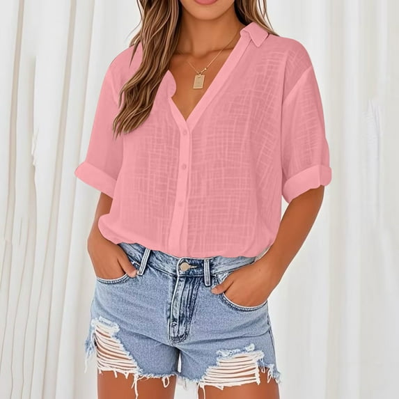 HOMBOM Tops for Women Pink Summer V Neck Cotton Linen Button Solid Short Sleeve Shirts S