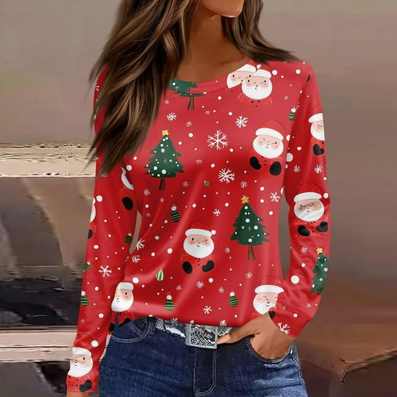 HOMBOM Tops for Women Red Casual Crewneck Long Sleeve Snowman Christmas Xmas Ladies Tee Shirts Funny