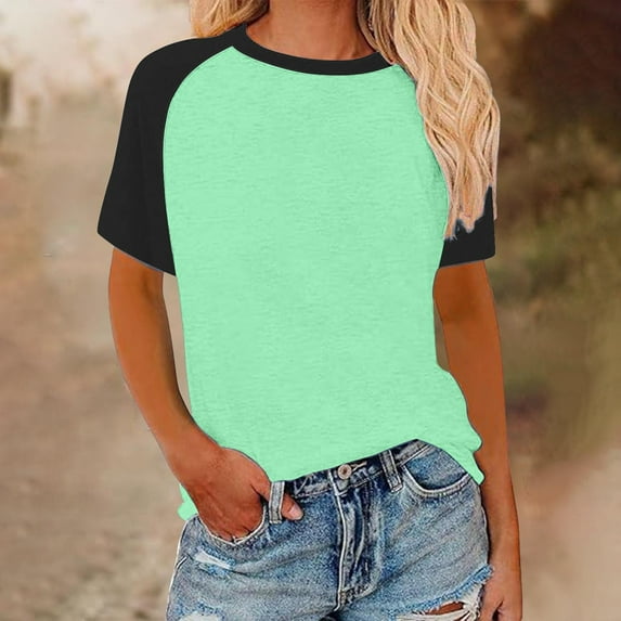 HOMBOM Tops for Women Romantic Mint Green Crew Neck Short Sleeve Contrasting Color Basic Raglan Sleeve T-shirt 3XL