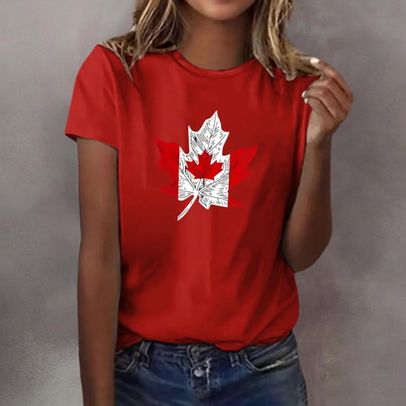 HOMBOM Tops for Women Short Sleeve Summer T-Shirts Maple Leaf Print Crew Neck Red Casual Ladies Graphic Tees