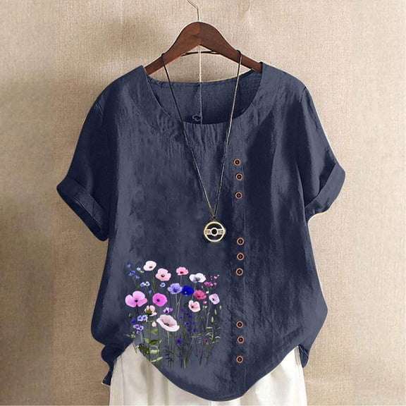 HOMBOM Tops for Women Spring Button Cotton Linen Navy Short Sleeve Loose Crewneck Ladies T Shirts